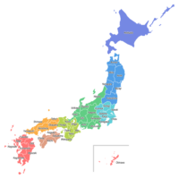 【英語表記・都道府県名入り】日本地図のイラスト画像＜地方区分色分け＞