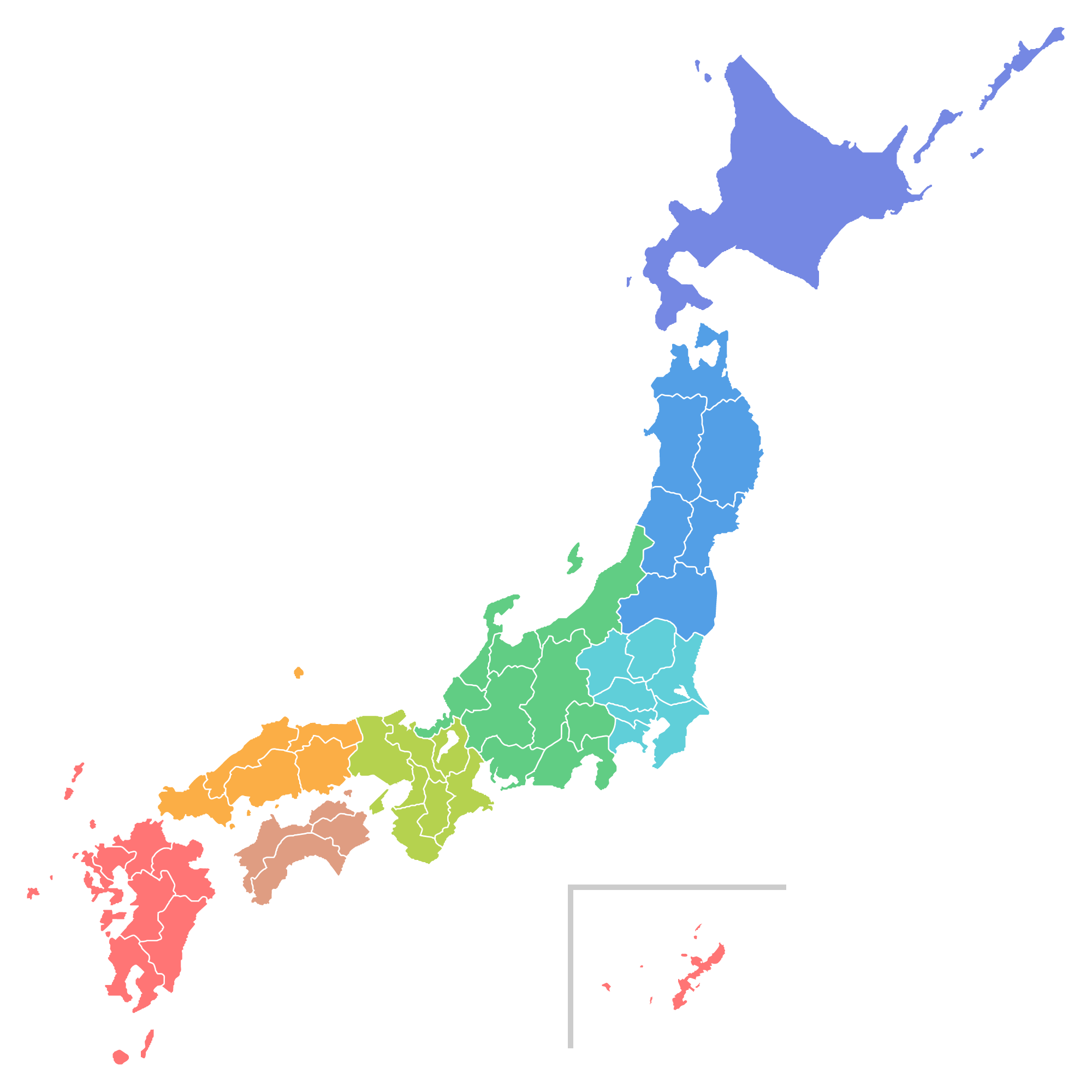 日本地図のイラスト画像 地方区分色分け 日本地図無料イラスト素材集