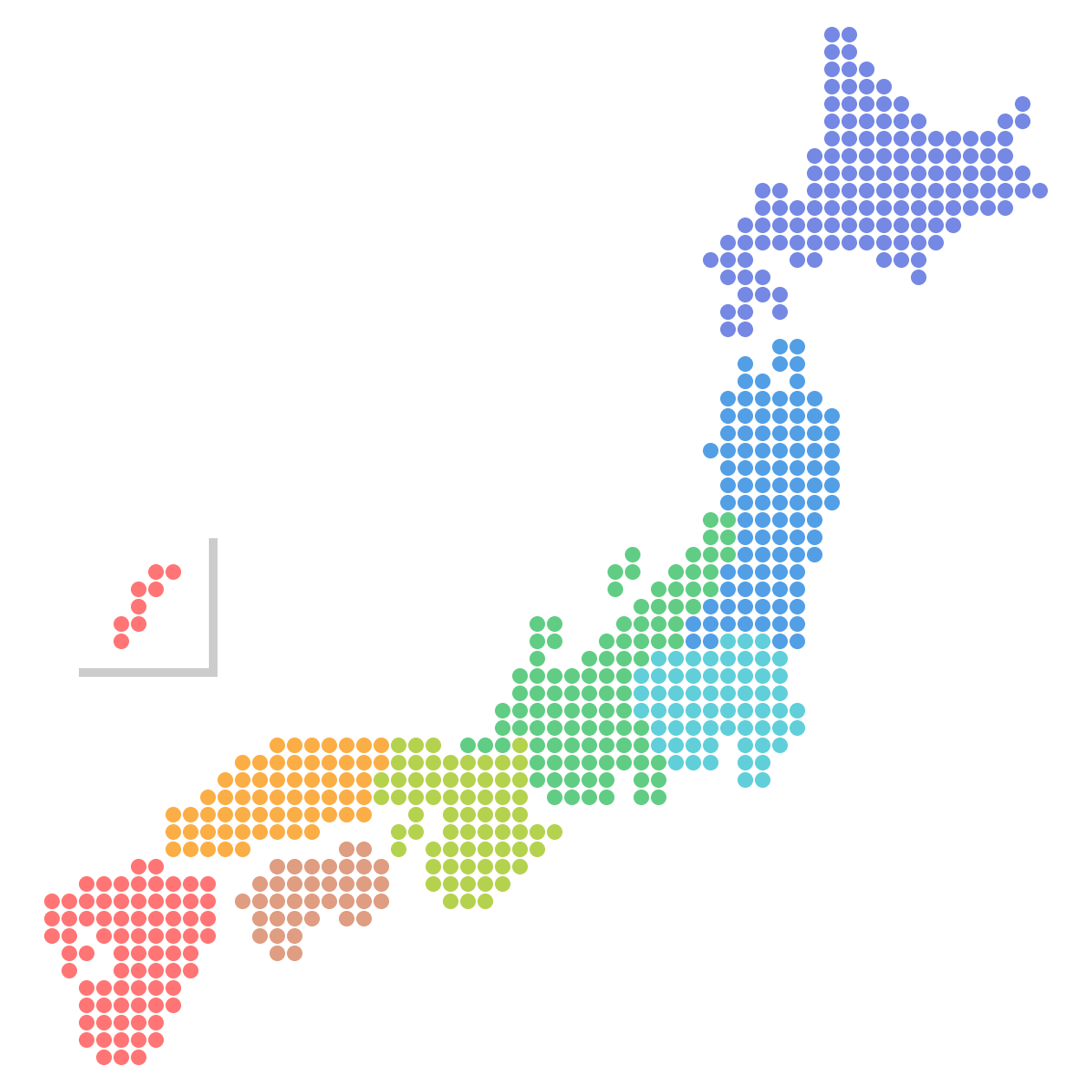 日本地図のドットイラスト画像 地方区分色分け 日本地図無料